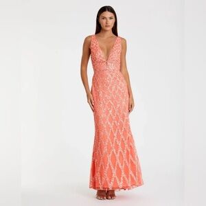 MAC DUGGAL Pink Sequined Plunge Neck Sleeveless Column Gown in Coral 8